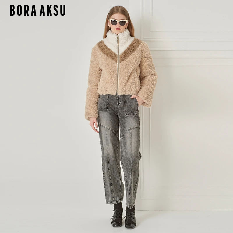 商场同款BORA AKSU冬季时尚复古毛绒拼色羽绒服短款B1DHW96360