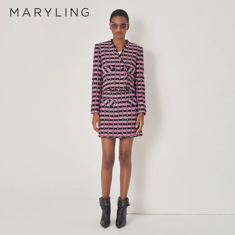 MARYLING玛俪琳初秋新品黑底粉色粗花呢格无领短外套女A1DFW90010