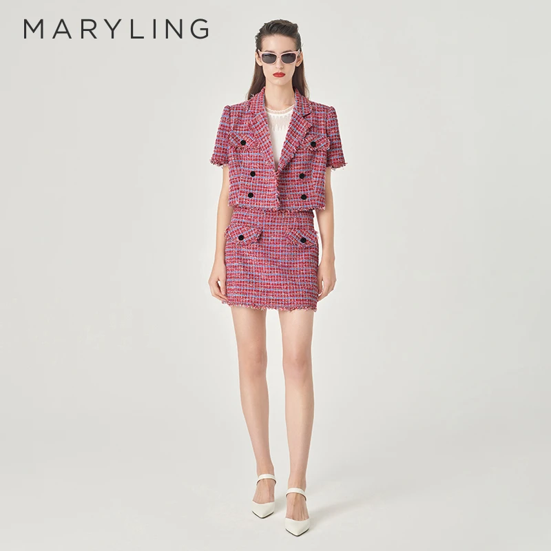 MARYLING玛俪琳2024春新品翻驳领粉蓝格纹粗花呢短外套A1EBW14310