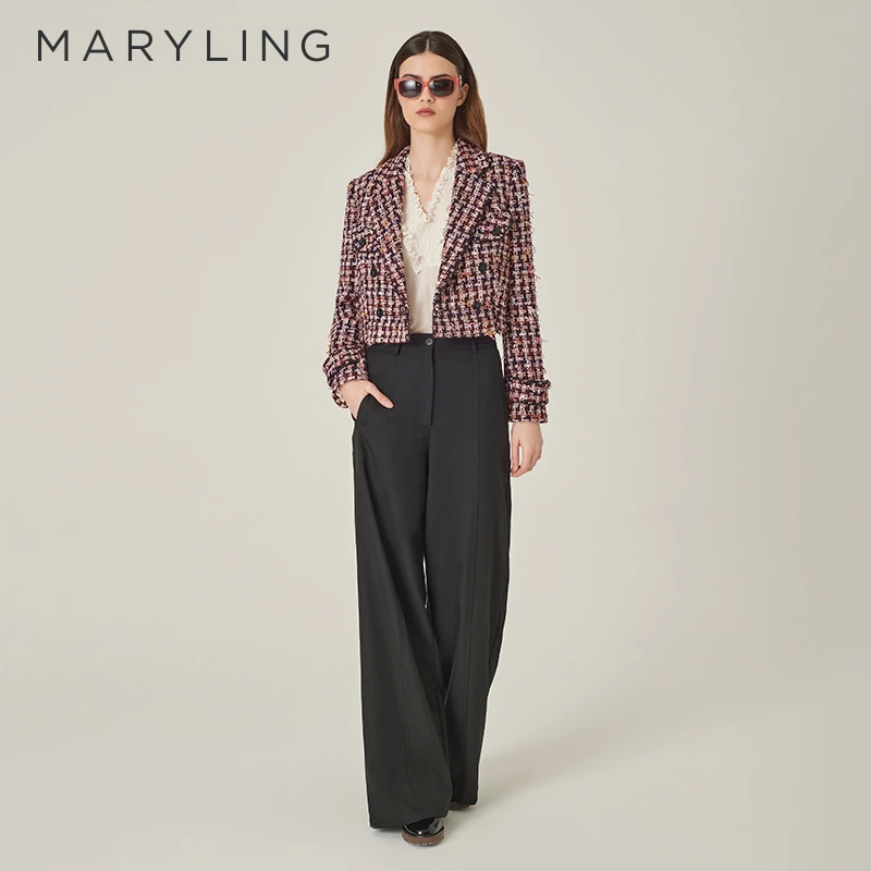 MARYLING玛俪琳2024秋季新品粉黑色粗花呢双排扣短外套A1EGW90010