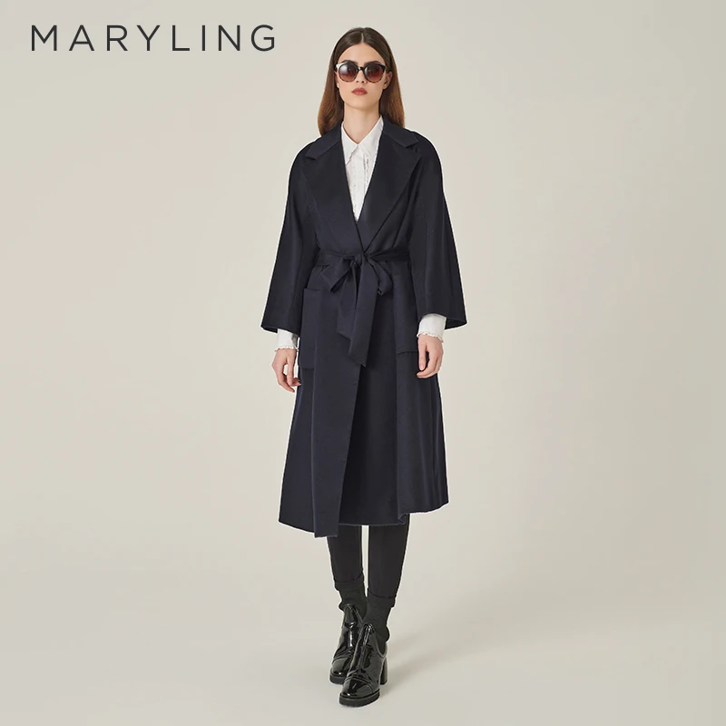 MARYLING玛俪琳2024秋季新品深蓝色系带中长款大衣外套A1EGW17080