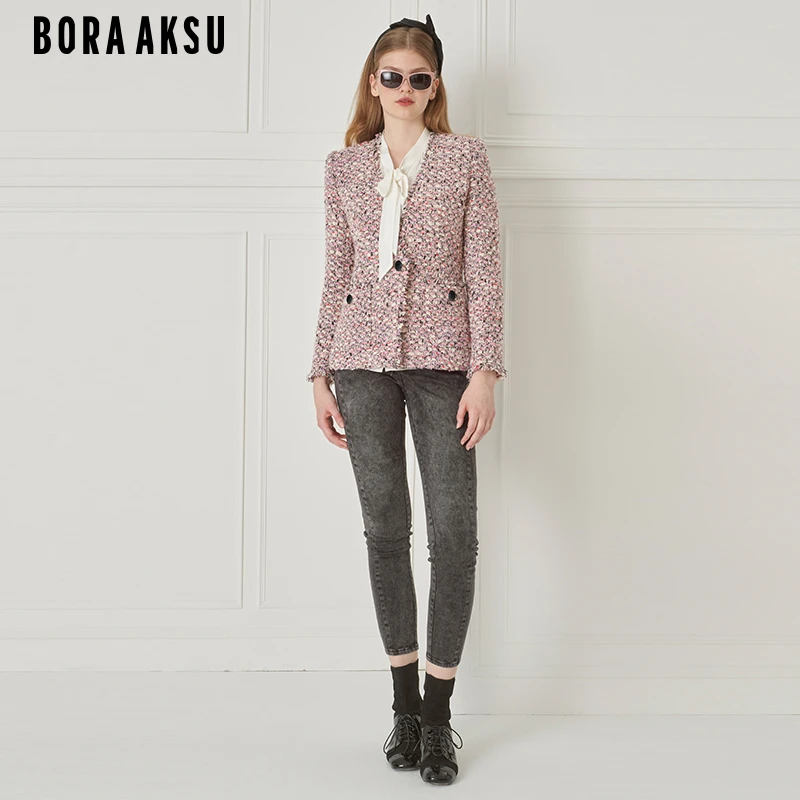 商场同款BORA AKSU冬季气质正肩V领毛须边粗花呢外套B1DHW10180