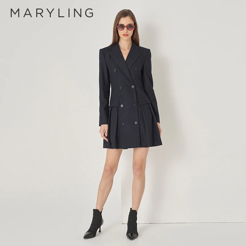 MARYLING玛俪琳秋季通勤深蓝条纹翻尖领双排扣连衣裙A1DGW62080