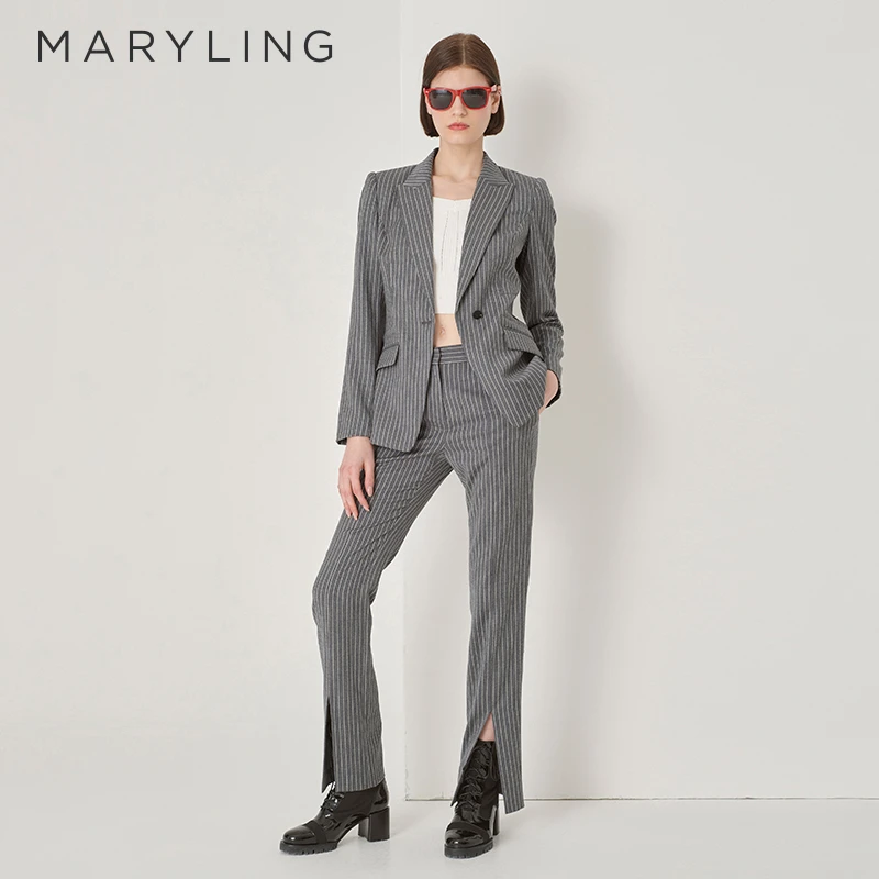 MARYLING玛俪琳秋季新品灰白条纹直筒微喇西装长裤女A1DGW51090