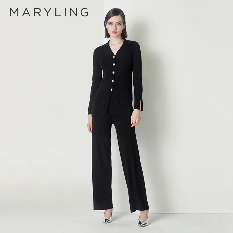 MARYLING玛俪琳黑色罗纹微喇针织裤A1CGW06560