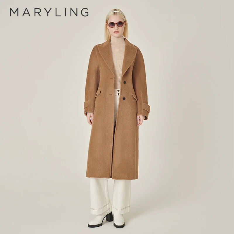 MARYLING玛俪琳2024冬季新品优雅驼色尖翻领单排扣大衣A1EHW93120