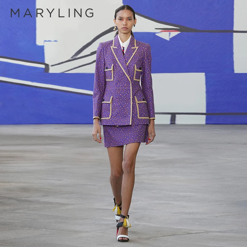 MARYLING玛俪琳春秋炫紫星空印花西装口袋收腰外套女A1CBW14260