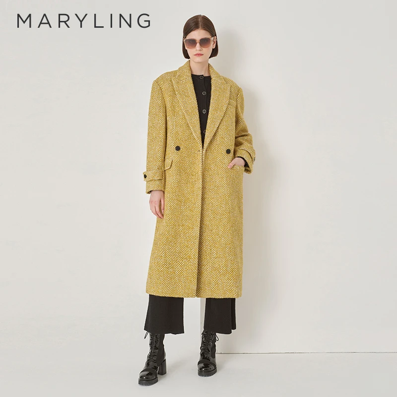 MARYLING玛俪琳冬季黄白人字纹西装领宽松长款大衣女A1DHW93170