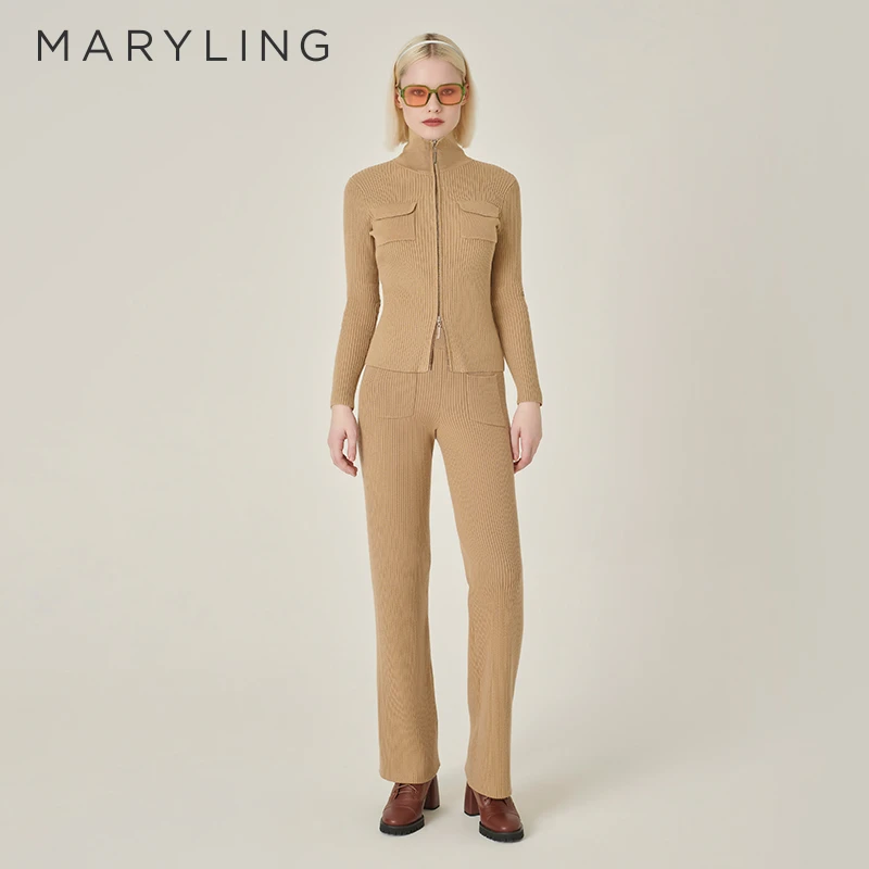 MARYLING玛俪琳2024初冬新品杏色休闲百搭针织阔腿长裤A1EHW06030