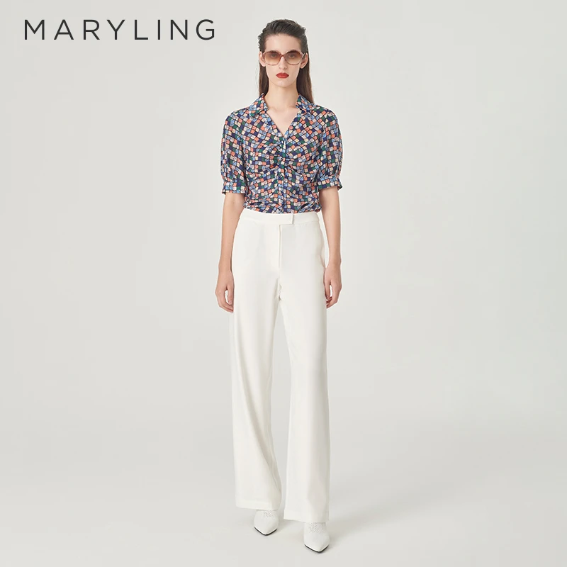 MARYLING玛俪琳夏季新品印花真丝泡泡袖薄款百搭上衣A1ECW20600