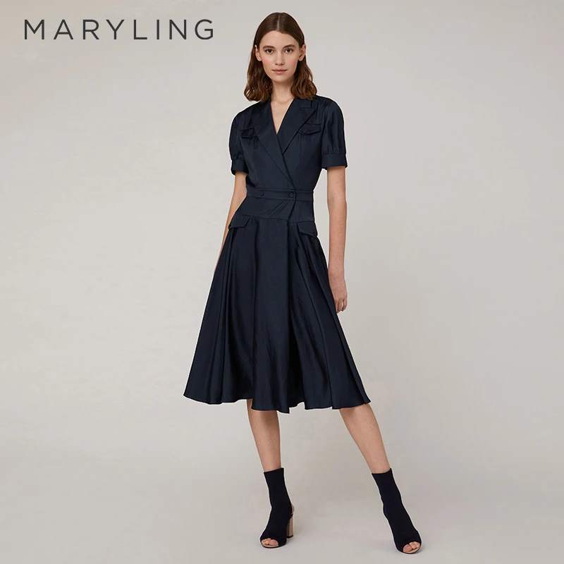 MARYLING玛俪琳夏季通勤风西装领大摆深蓝色短袖连衣裙A1CCW62230