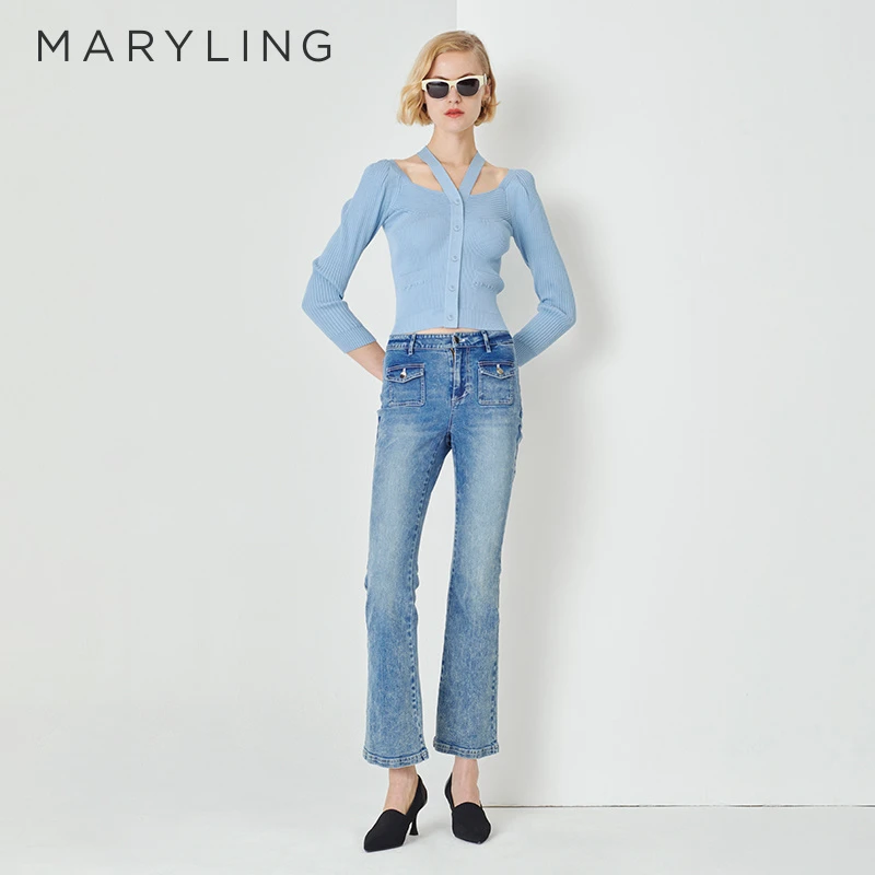 MARYLING玛俪琳春季时尚新品雾蓝露肩泡泡袖针织开衫A1DBW08650