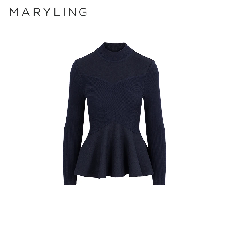 MARYLING玛俪琳冬季深蓝色半高领羊毛修身针织套头衫A1DHW26570