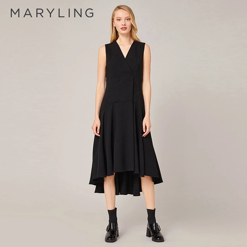 MARYLING玛俪琳秋季黑色修身V领无袖不规则设计连衣裙A1BFW61040