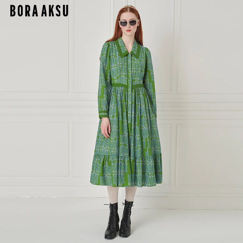 商场同款BORA AKSU2024泡泡袖花边翻领褶裥印花连衣裙B1EGW62060
