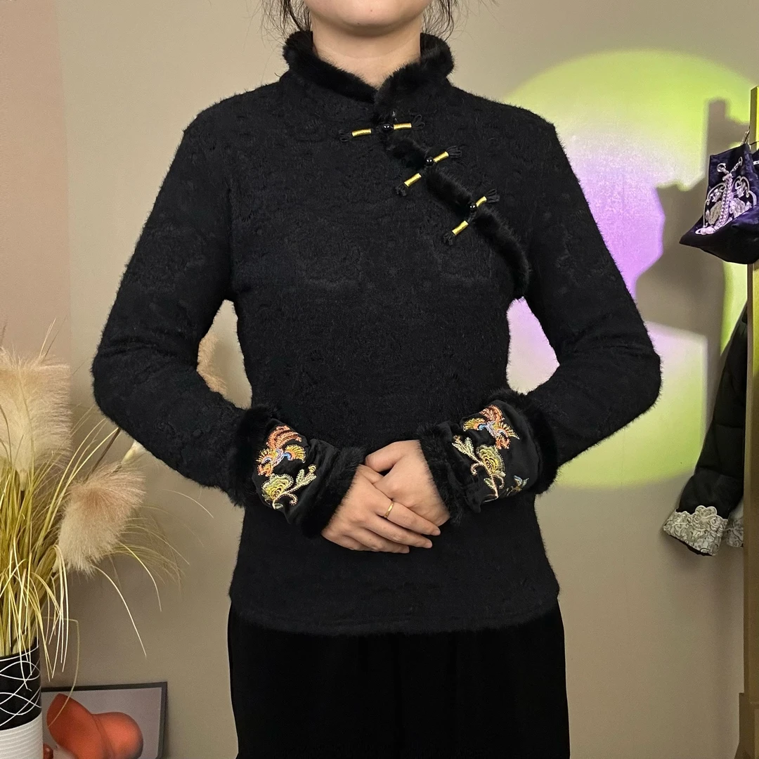 新中式国风拼接袖口刺绣款加绒加厚秋冬保暖打底衫