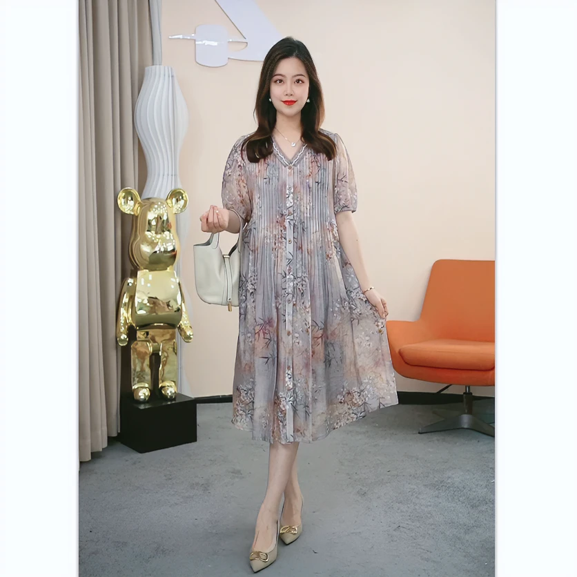 【梓桐定制】B133-6夏季新款连衣裙微胖大码显瘦V领洋气抽褶裙子