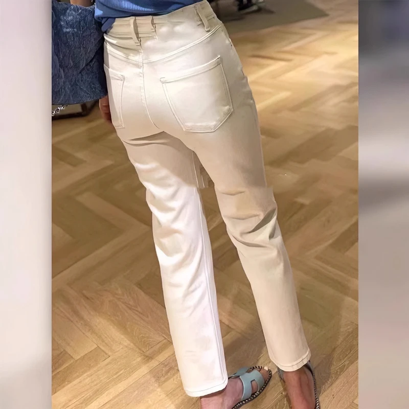 米白色直筒牛仔裤女秋季八分九分小个子春秋窄版烟管法棍女士裤子