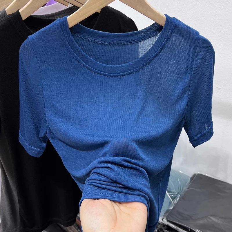 蓝色面膜短袖T恤女士2024夏季新款宽松薄款纯色冰丝微透纯棉上衣