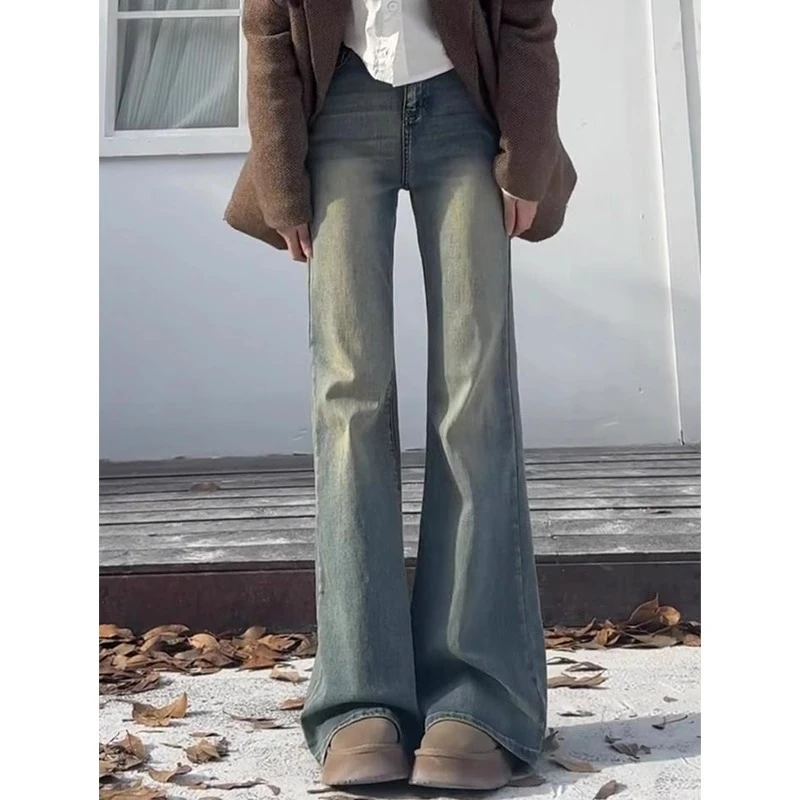 复古蓝微喇牛仔裤女秋冬加绒大码胖mm高腰显瘦弹力梨形身材喇叭裤
