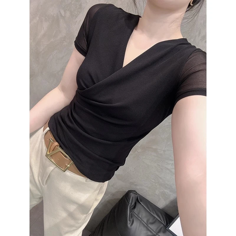 欧货交叉V领纯色短袖网纱T恤女夏装收腰半袖上衣气质显瘦遮肚小衫