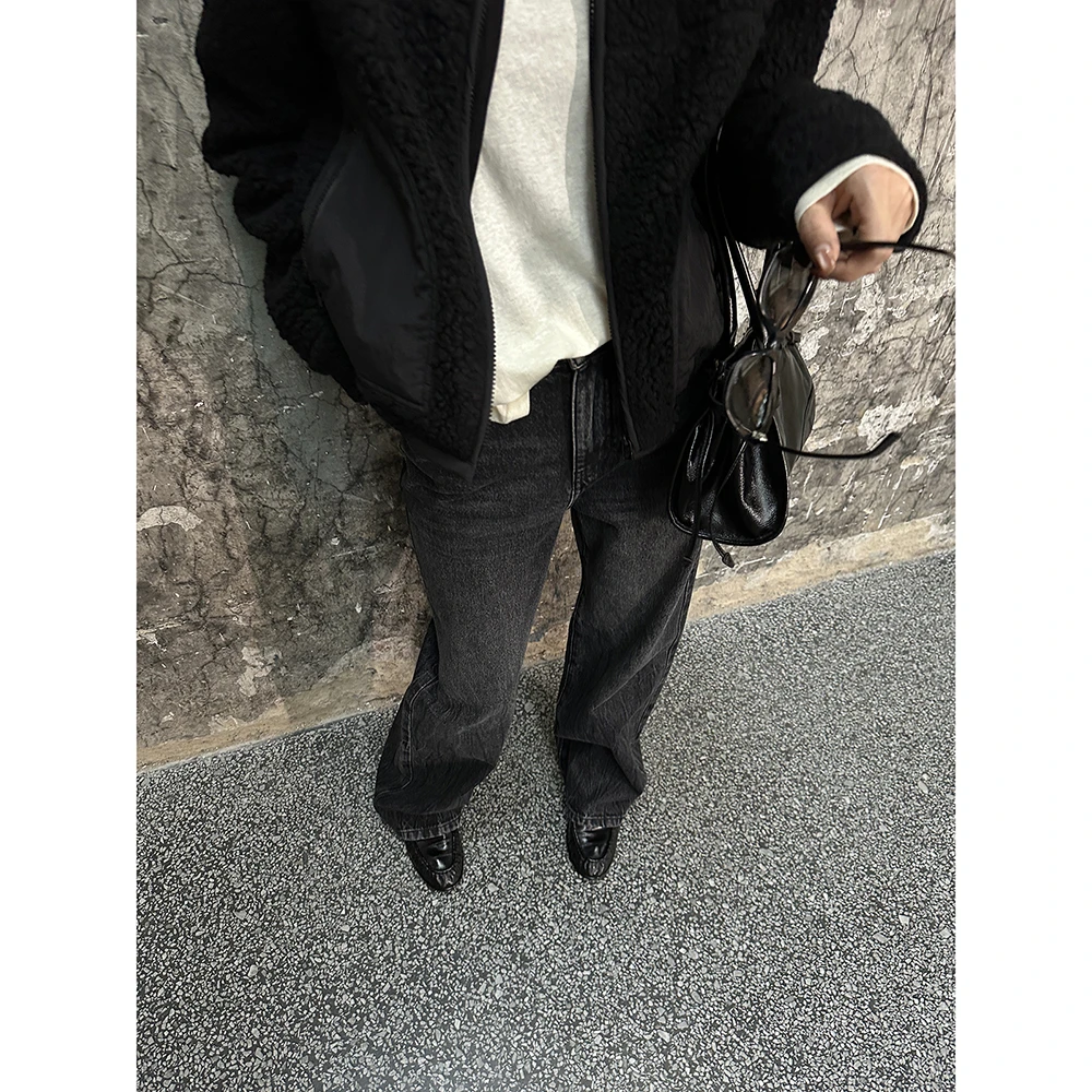 SHIIEELL【水墨流影】复古美式陨石黑闪电纹阔腿牛仔裤ZLK16