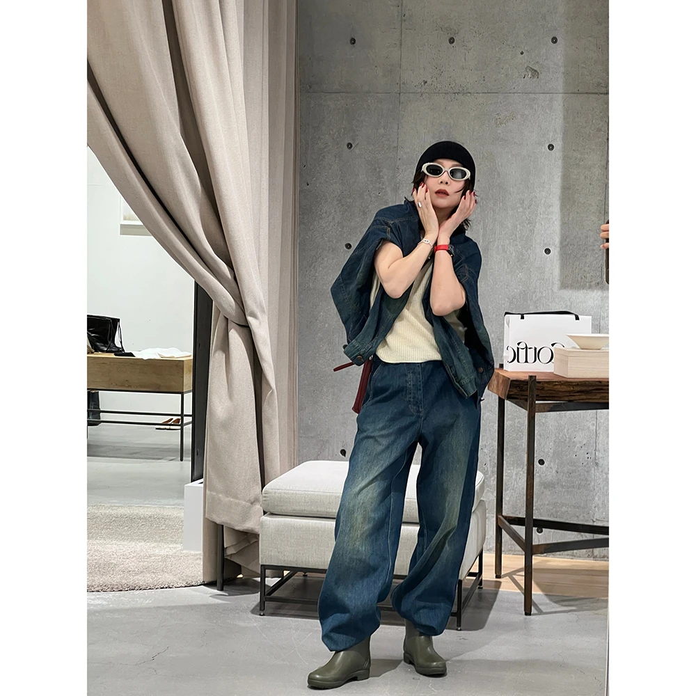 高腰显瘦美式复古牛仔裤重工时尚休闲裤直筒长裤 P6003