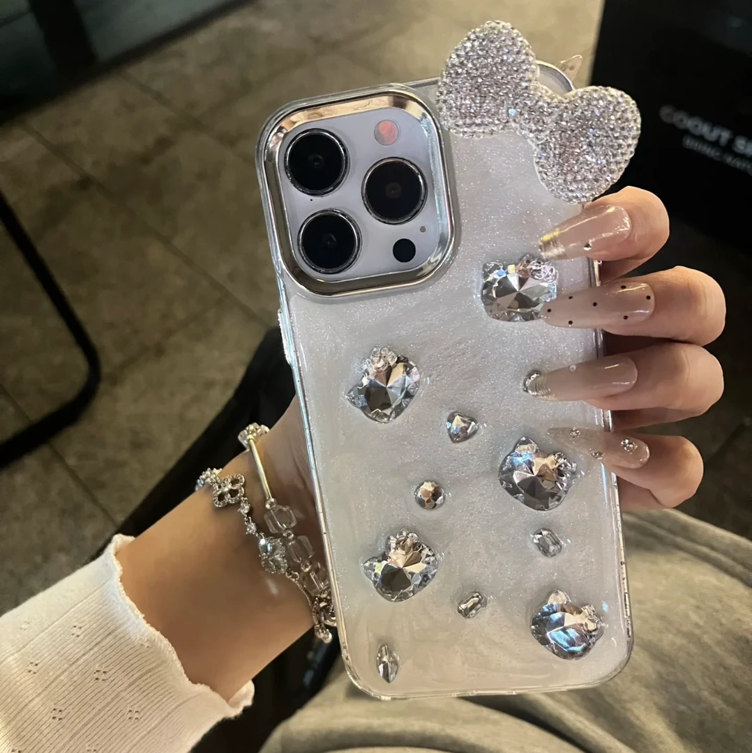 少女闪钻kitty猫立体蝴蝶结适用苹果15promax新款14pro滴胶13/12