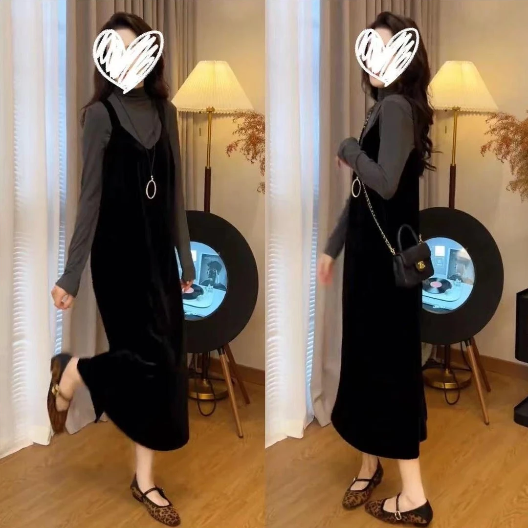 春秋新款气质休闲丝绒吊带裙高级感显瘦长袖打底衫套装女上衣