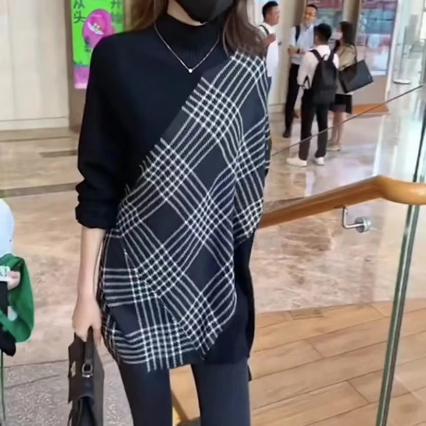 2023春秋新款高领长袖时尚休闲拼接针织衫洋气网红款不规则毛衣