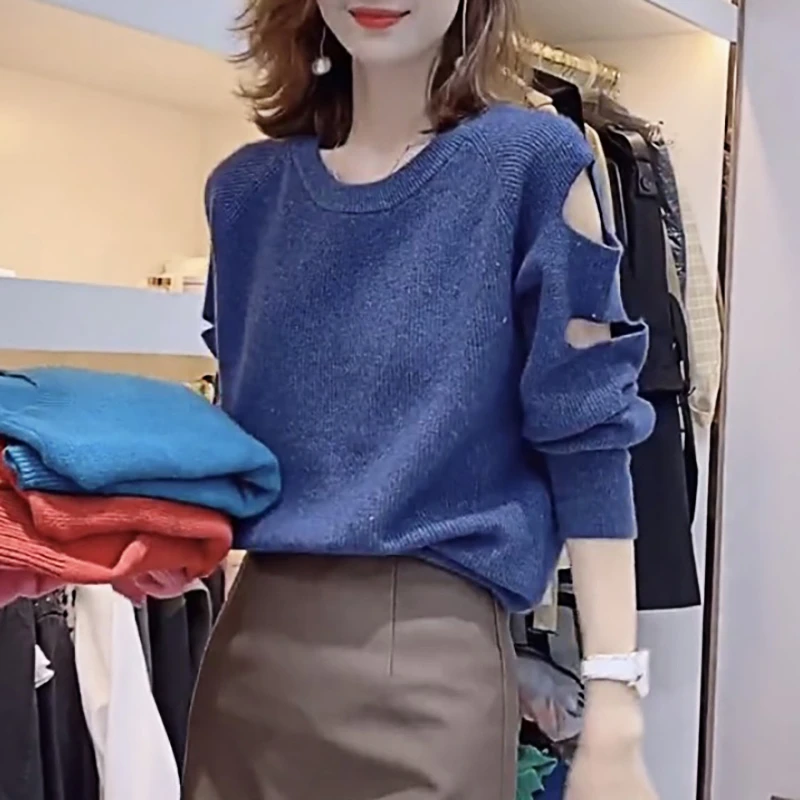 2024春秋新款长袖针织衫露肩气质毛衣网红时尚洋气韩版圆领宽松衫