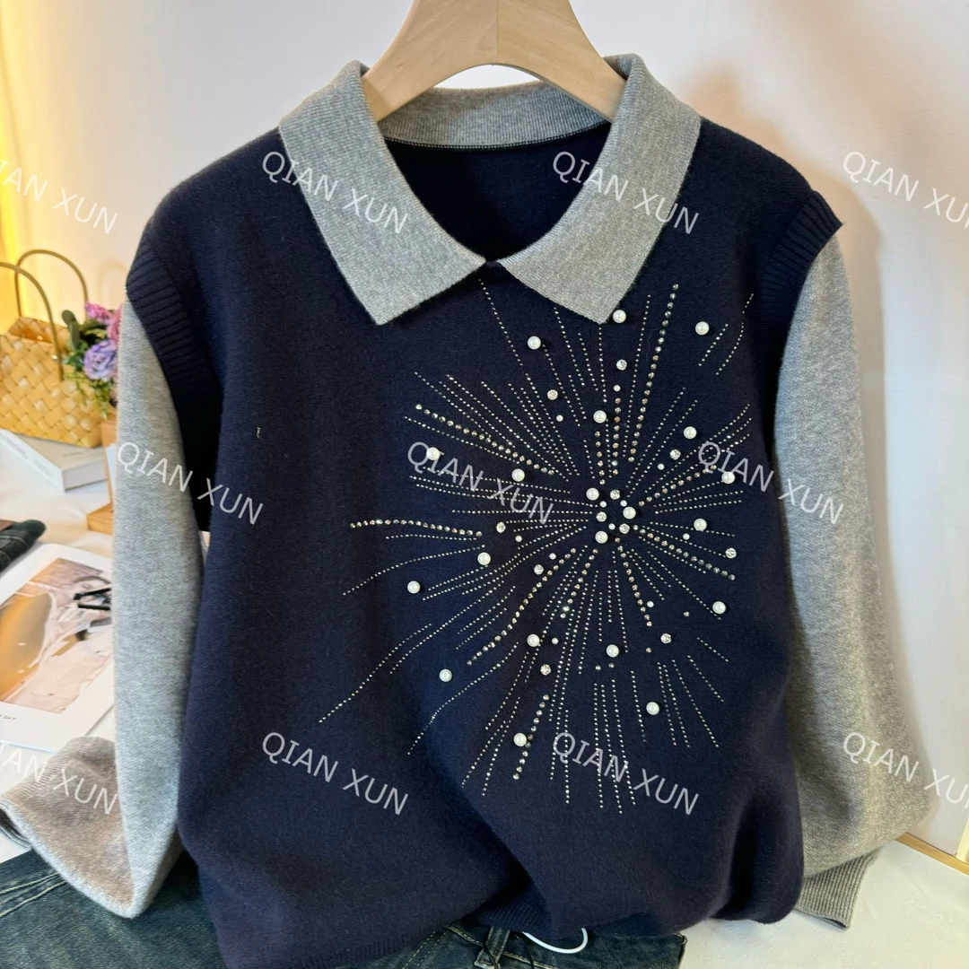 【芊荨精选】秋冬新款气质百搭时尚钉珠提花烟火针织衫 S141#