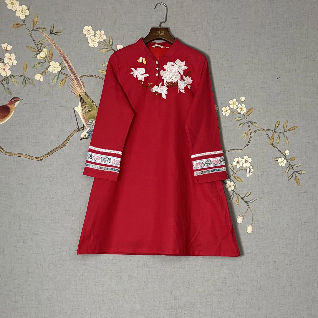 土家妹（工厂清仓）薄款民族风复古重工刺绣棉麻春秋中长长裙80128