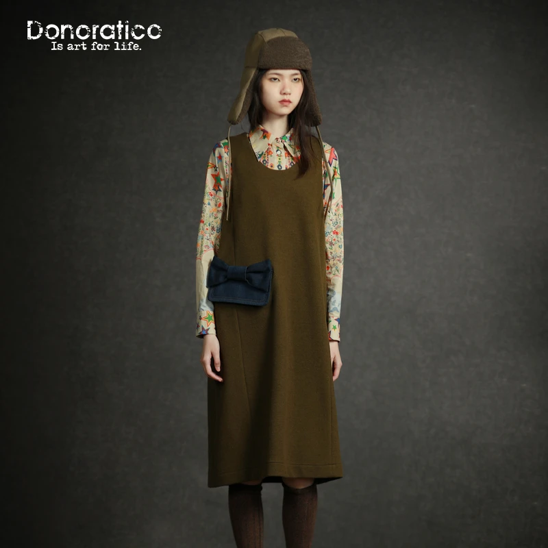 达衣岩简约利落可爱2023年冬季新品绵羊毛混纺牛仔蝴蝶结连衣裙女