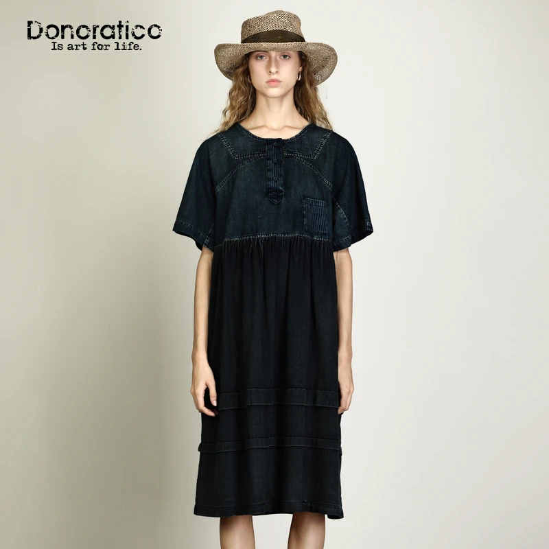 达衣岩复古简约2024夏新品棉麻混纺深浅蓝褶皱拼接牛仔连衣裙女