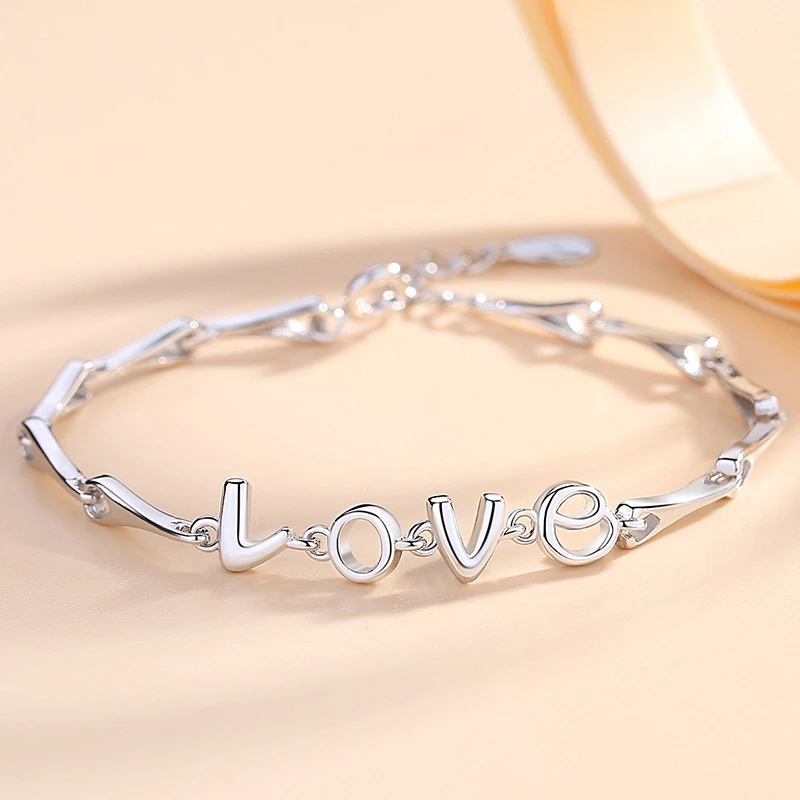 925银合成锆石手链 纯银LOVE手链女小众设计简约学生气质韩版时尚