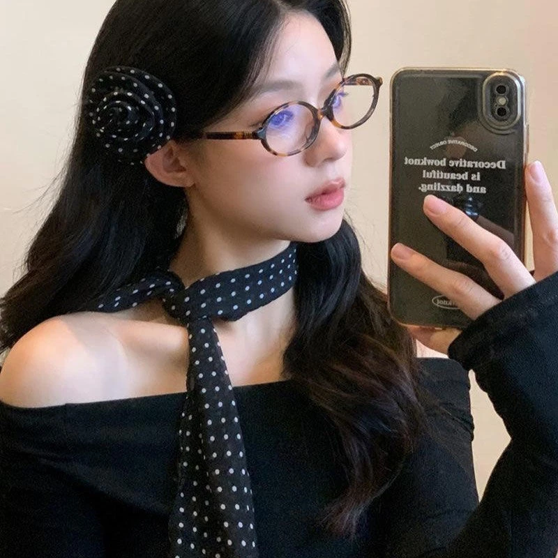 【可拆卸】长条波点丝巾女百搭玫瑰花围脖飘带配饰高级感气质发饰