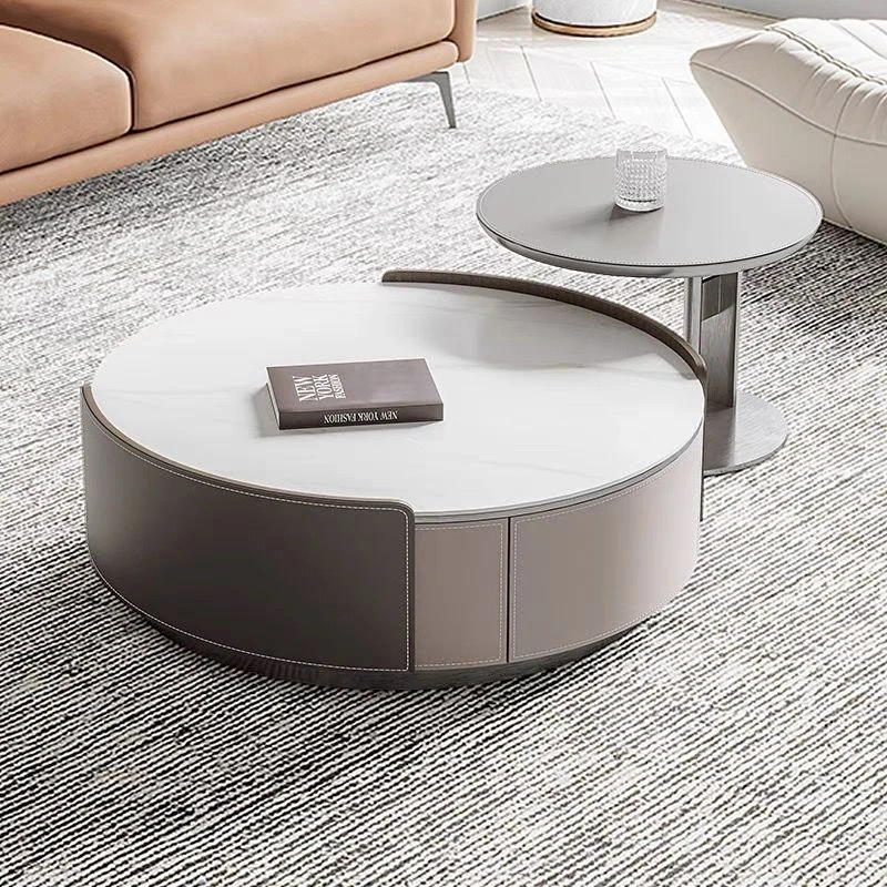 现代简约圆形茶几岩板马鞍皮客厅轻奢极简小户型网红大小圆形茶几