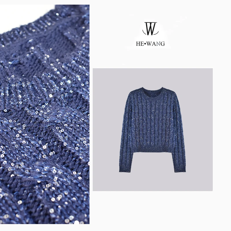 HW 蓝紫色亮片纱重工圆领绞花针织毛衣-00169