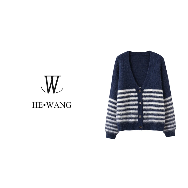 HW 经典藏蓝色拉毛条纹V领单排扣宽松毛衣款式外套-2058
