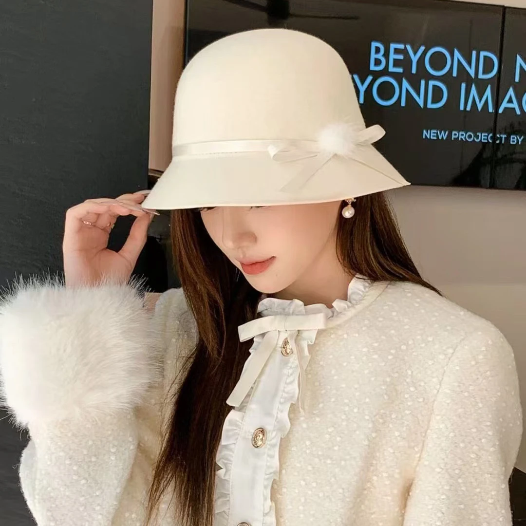 新款富贵千金高定白色蝴蝶结澳毛礼帽子女小香风气质优雅渔夫帽