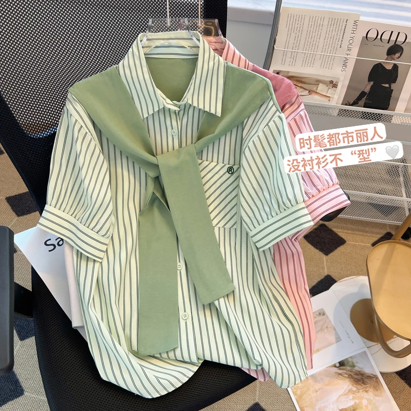 绿色条纹衬衫女短袖夏季新款时尚POLO领上衣设计感假两件披肩衬衣