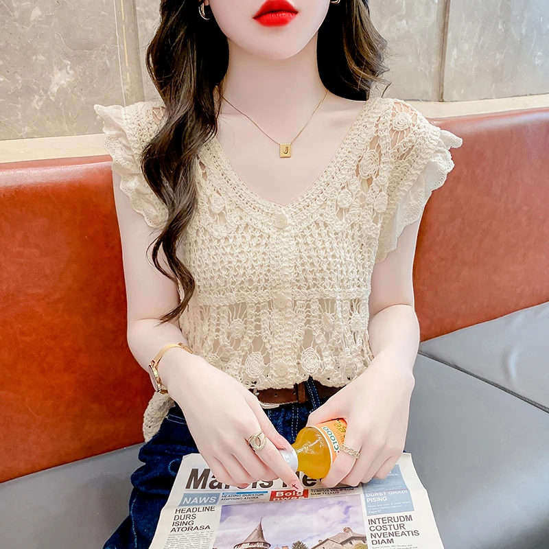 镂空冰丝针织无袖T恤女夏季2024年新款设计感小众法式小飞袖上衣