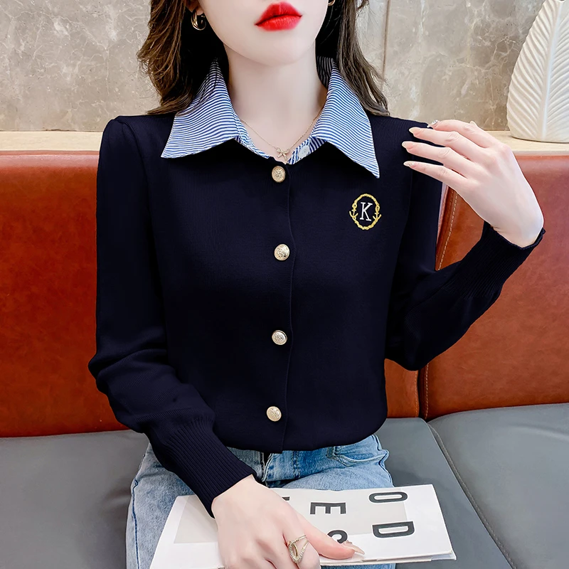 假两件POLO领长袖针织打底衫女春秋2025春季新款洋气内搭毛衣上衣