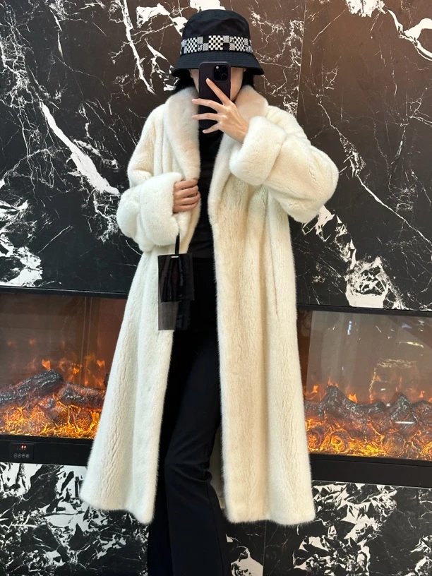 气质长款青果领珍珠色水貂大衣女时尚休闲外套