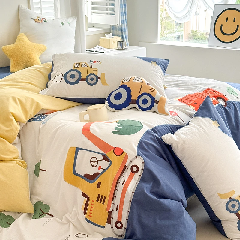 多彩挖机 超柔裸睡水洗棉床单四件套 加密全棉刺绣儿童床上用品男