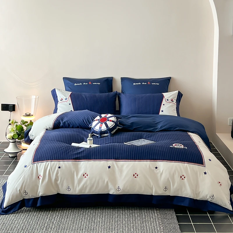 高档100支长绒棉磨毛四件套青少年地中海风秋冬加厚床上用品套件