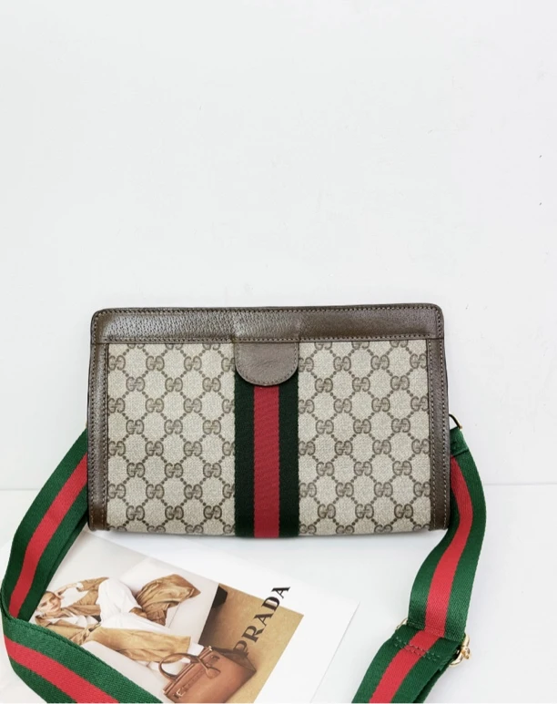95新 GUCCI/古驰 红绿拼条老花夹子包 手拿包