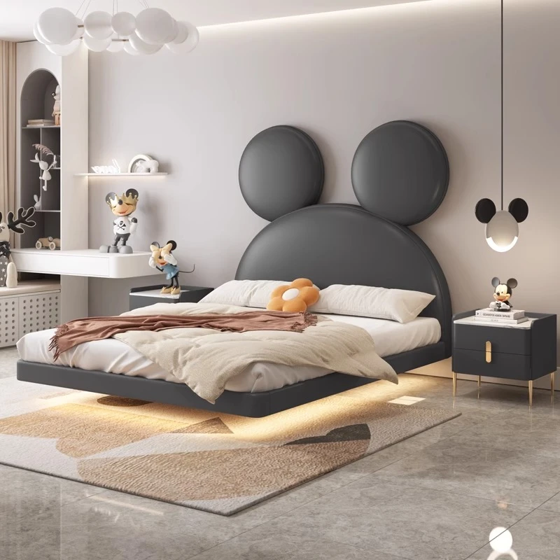 儿童床男孩实木真皮床公主床女孩卧室悬浮床米老鼠小户型现代简约