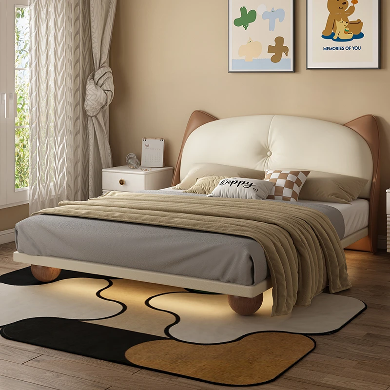 奶油风猫耳儿童床男孩真皮实木床儿童房卧室男童1米2单人床小户型